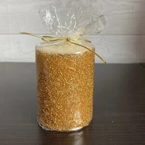 "Celebrate It" Gold Glitter Pillar Candle - Holiday Home Decor, 3" x 4" (NWT)